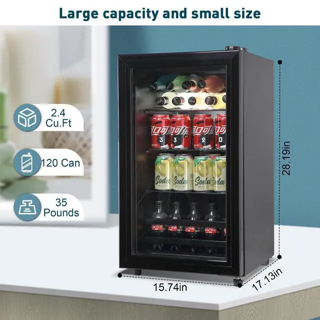 Alt view image 2 of 7 - 120 Can Beverage Refrigerator, Wine Cooler with 7 Adjustable Thermostat | Freestanding Drink Dispenser with Adjustable Shelves, Suitable for Home/Office, Black