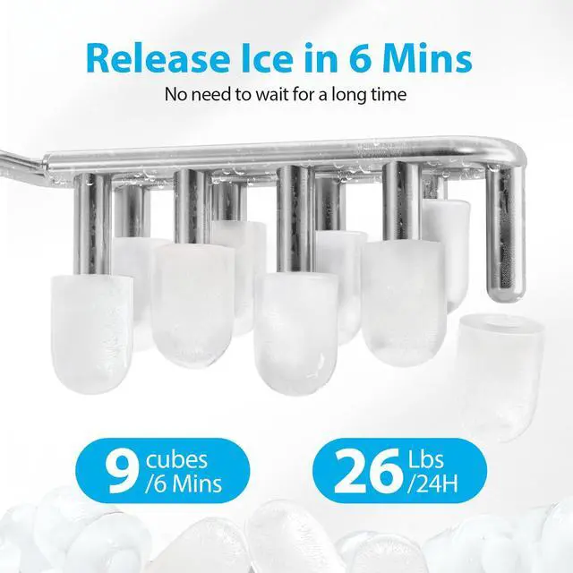 Alt view image 3 of 6 - Ice Makers Countertop, 9 Ice Cubes Release in 6 Mins, 26Lbs/24H, 2 Sizes of Bullet Ice Machine,Self-Cleaning Portable Ice Maker with Ice Scoop and Basket for Home Kitchen Office Bar RV, Black