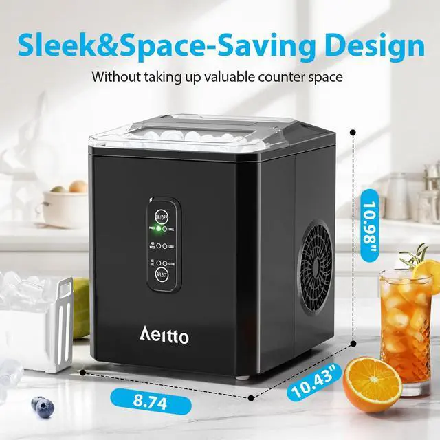Alt view image 6 of 6 - Ice Makers Countertop, 9 Ice Cubes Release in 6 Mins, 26Lbs/24H, 2 Sizes of Bullet Ice Machine,Self-Cleaning Portable Ice Maker with Ice Scoop and Basket for Home Kitchen Office Bar RV, Black