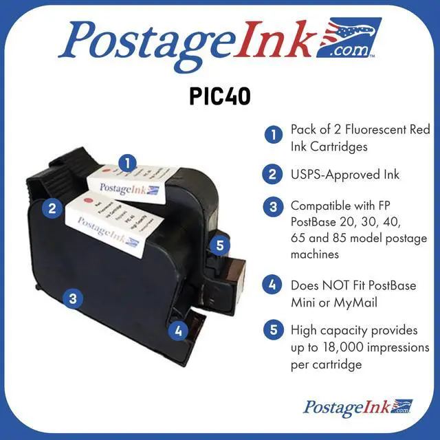 Alt view image 4 of 4 - PIC40 High Capacity Ink Cartridge for FP PostBase 20, 30, 45, 65 and 85 Model Postage Meters; Non-OEM Replacement Pack of 2