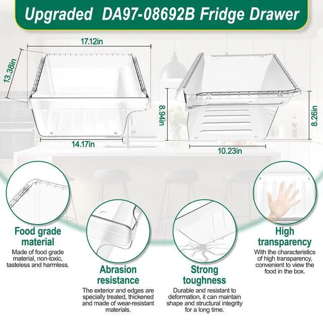 Alt view image 3 of 7 - UPGRADED DA97-08692B Refrigerator Crisper Drawer Replacement Compatible with Samsung Fridge Crisper Drawer Parts RS25H5000SP RS25J500DSR RS25J500DSG RS261MDRS DA97-08692A Fridge Crisper Drawer Bin