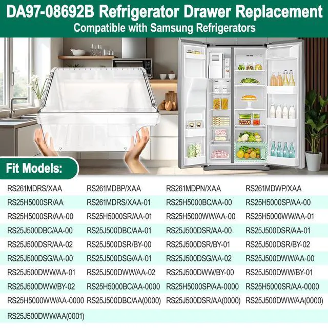 Alt view image 6 of 7 - UPGRADED DA97-08692B Refrigerator Crisper Drawer Replacement Compatible with Samsung Fridge Crisper Drawer Parts RS25H5000SP RS25J500DSR RS25J500DSG RS261MDRS DA97-08692A Fridge Crisper Drawer Bin