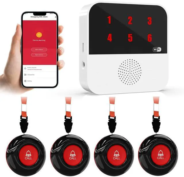 Main image of WiFi Caregiver Call Button for Elderly Senior Alert Button to Call Cell Phones Caregiver Pager System with Led Number Display 4 SOS Panic Button 1 Receiver (Only Supports 2.4Ghz & No Monthly Fee)