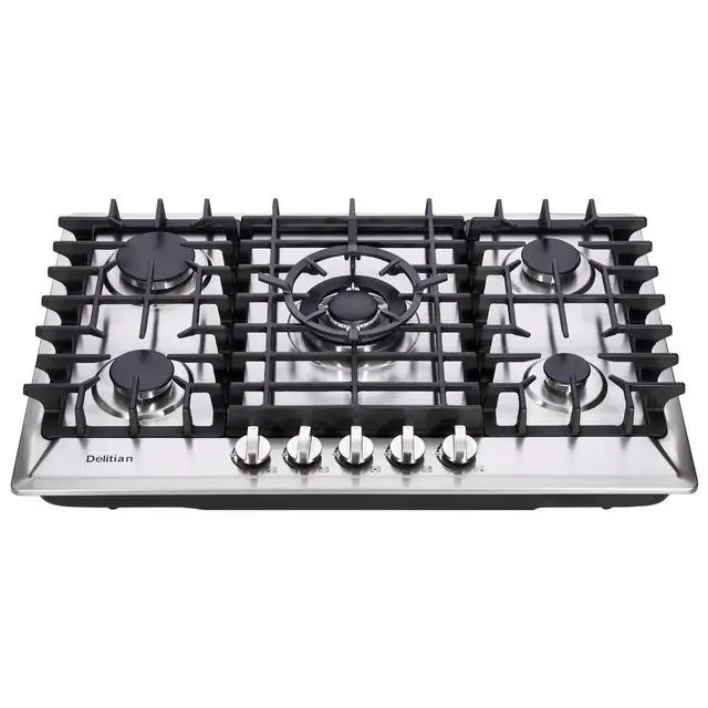 Alt view image 2 of 7 - 30 Inch Gas Cooktop Built-in 5 Burners Stainless Steel Gas Stovetop LPG/NG Convertible Dual Fuel Gas Hob DT5703