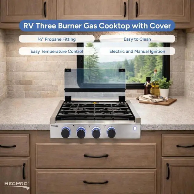 Alt view image 7 of 7 - RV Built In Gas Cooktop | 2 Burner or 3 Burner | RV Cooktop Stove | 6,500 and 8,000 BTU Burners | Cover Included (Stainless Steel, 3-Burner)