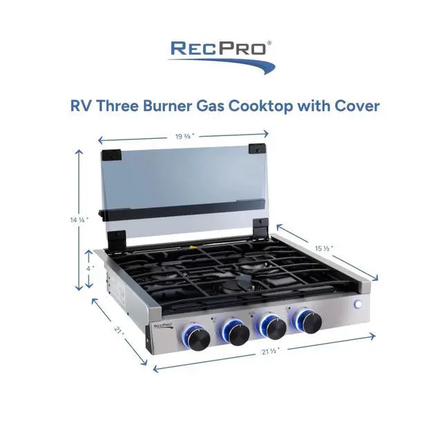 Alt view image 4 of 7 - RV Built In Gas Cooktop | 2 Burner or 3 Burner | RV Cooktop Stove | 6,500 and 8,000 BTU Burners | Cover Included (Stainless Steel, 3-Burner)