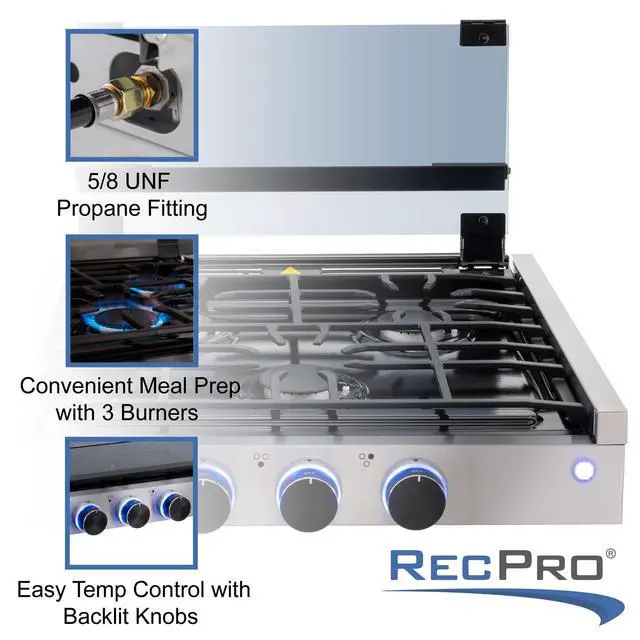 Alt view image 3 of 7 - RV Built In Gas Cooktop | 2 Burner or 3 Burner | RV Cooktop Stove | 6,500 and 8,000 BTU Burners | Cover Included (Stainless Steel, 3-Burner)