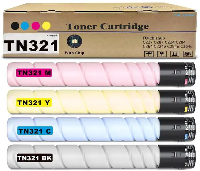 Main image of 4-Pack TN221 TN-221 TN321 TN-321 Toner Cartridge Black Cyan Magenta Yellow Replacement for Konica Minolta Bizhub C227 C287 C224 C284 C364 C224e C284e C364e Printers