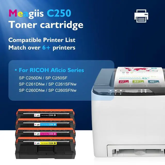 Alt view image 2 of 7 - SP C250 Toner Cartridge 4-Pack Replacement for Ricoh SP C250A Toner | 407539 407540 407541 407542 for Ricoh SP C250DN Toner C250SF C261SFNw C261DNw C260DNw C260SFNw Printer Cartridge, 2,300 Pages