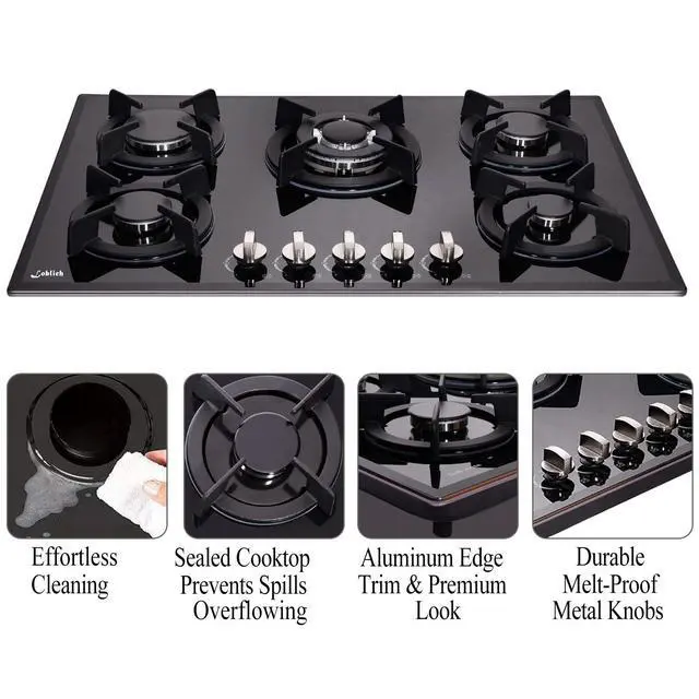 Alt view image 3 of 6 - 30-inch 5-Burner Built-in Gas Cooktop with Tempered Glass & Cast Iron Grates - LW5G01 (LPG/NG Convertible, Black)