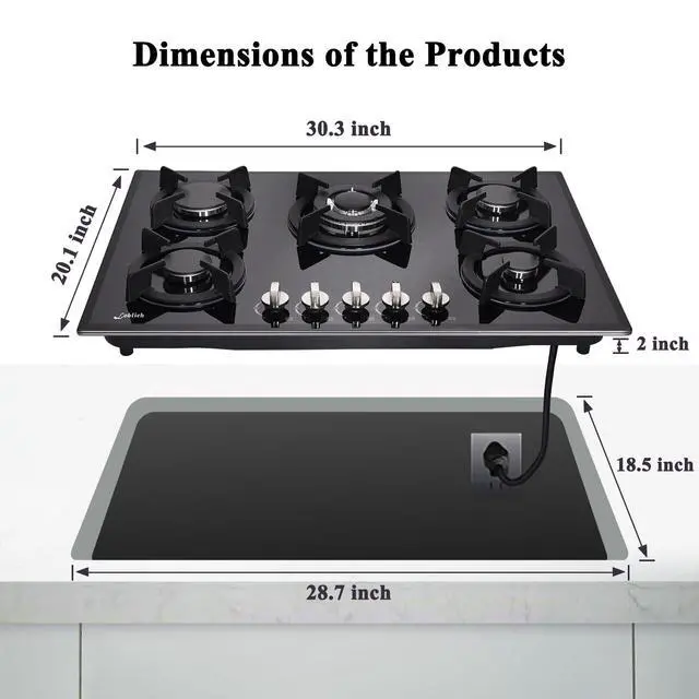 Alt view image 4 of 6 - 30-inch 5-Burner Built-in Gas Cooktop with Tempered Glass & Cast Iron Grates - LW5G01 (LPG/NG Convertible, Black)