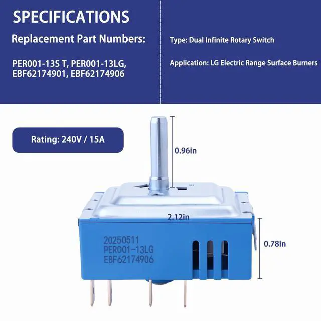 Alt view image 3 of 6 - PER001-13LG Surface Element Control Switch for LG Electric Stove | Burner Infinite Switch Compatible with LG Electric Range, Replaces PER001-13S T, EBF62174901, EBF62174906