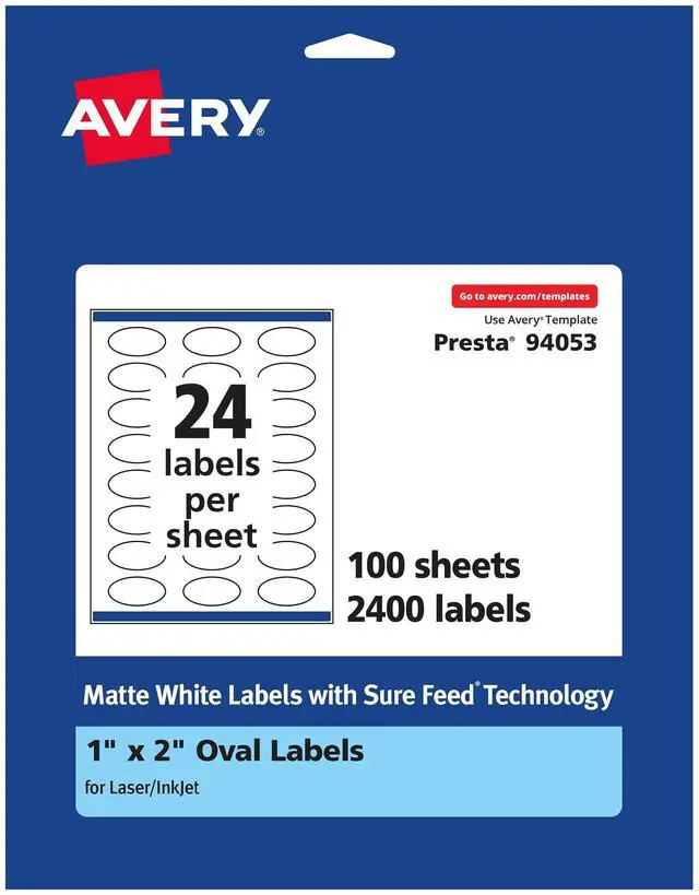 Main image of ® Matte White Oval Labels, Sure Feed® Technology, 1" x 2", 2,400 Matte White Printable Labels
