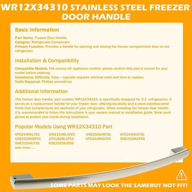 Alt view image 3 of 7 - WR12X34310 Stainless Steel Freezer Door Handle - Replacement for GE Refrigerators, Compatible with GWE19JMLAFES/GNE25JSKLFSS/GFE24JMKLFES & More, Replaces 4960021 AP6994366 PS16220203 EAP16220203