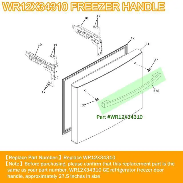Alt view image 2 of 7 - WR12X34310 Stainless Steel Freezer Door Handle - Replacement for GE Refrigerators, Compatible with GWE19JMLAFES/GNE25JSKLFSS/GFE24JMKLFES & More, Replaces 4960021 AP6994366 PS16220203 EAP16220203