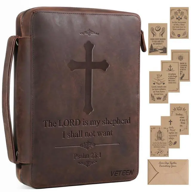 Main image of Leather Bible Cover for Men, Large Bible Case Carrying Bag with Cross Embossed Design, Premium Crazy Horse Leather Christian Religious Gift for Father Pastor (Fits 10-11 inch Bibles)
