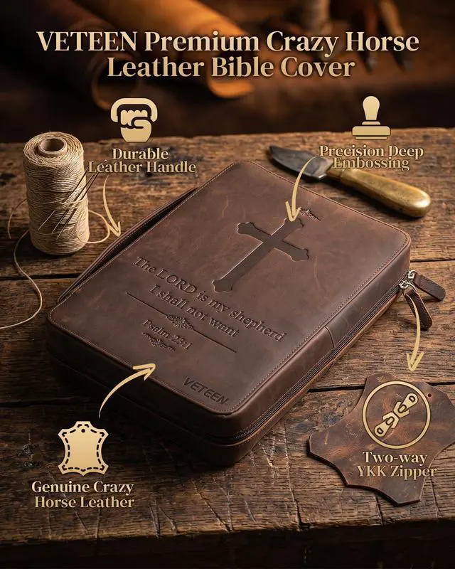 Alt view image 2 of 7 - Leather Bible Cover for Men, Large Bible Case Carrying Bag with Cross Embossed Design, Premium Crazy Horse Leather Christian Religious Gift for Father Pastor (Fits 10-11 inch Bibles)