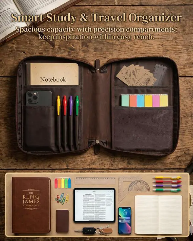 Alt view image 4 of 7 - Leather Bible Cover for Men, Large Bible Case Carrying Bag with Cross Embossed Design, Premium Crazy Horse Leather Christian Religious Gift for Father Pastor (Fits 10-11 inch Bibles)