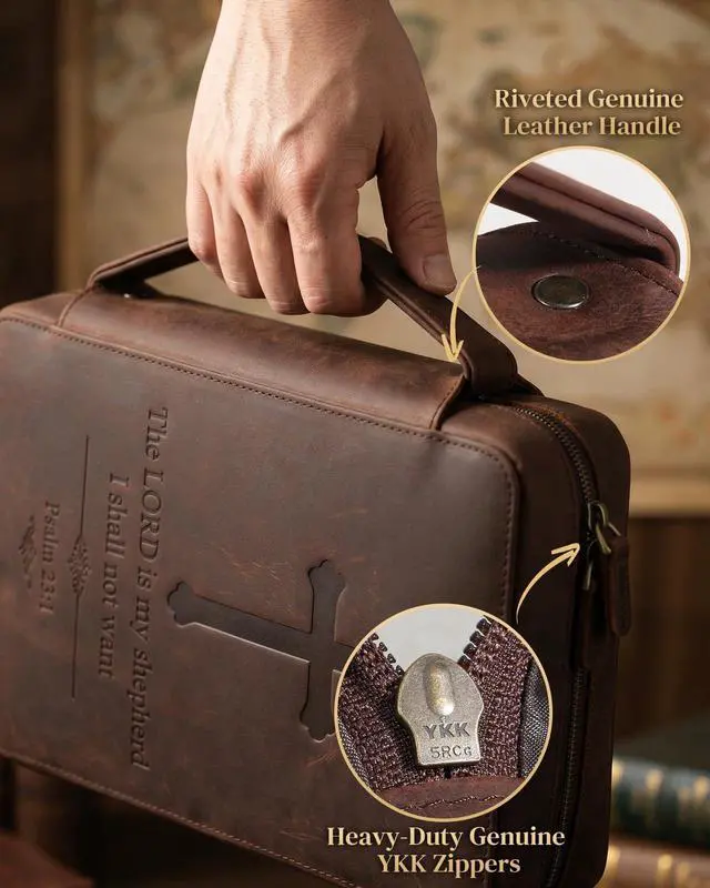Alt view image 6 of 7 - Leather Bible Cover for Men, Large Bible Case Carrying Bag with Cross Embossed Design, Premium Crazy Horse Leather Christian Religious Gift for Father Pastor (Fits 10-11 inch Bibles)