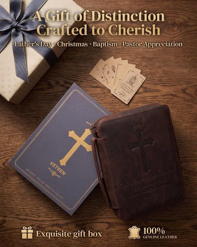 Alt view image 7 of 7 - Leather Bible Cover for Men, Large Bible Case Carrying Bag with Cross Embossed Design, Premium Crazy Horse Leather Christian Religious Gift for Father Pastor (Fits 10-11 inch Bibles)