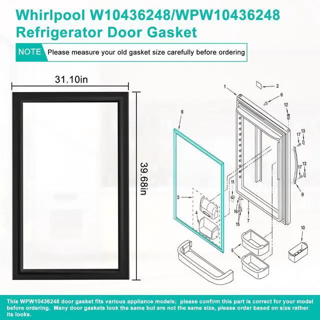 Alt view image 2 of 7 - Upgraded WPW10436248 W10436248 Refrigerator Door Gasket Replacement for Whirlpool Fresh Food Door Gasket Seal 12683803B, W10131327, W10164035, W10436248 Fridge Door GasketPart (Black)
