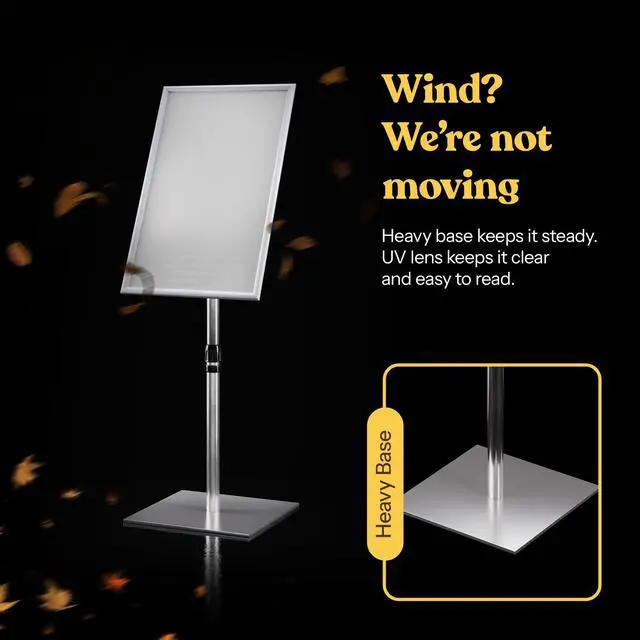 Alt view image 4 of 7 - 31.5 to 48 Inch Pedestal Sign Holder - Adjustable Floor Sign Stand for 11x17 Displays, Heavy Duty Outdoor Sign Holder with Square Base for Restaurants, Retail, Trade Shows, and Events (Silver)