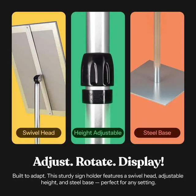 Alt view image 2 of 7 - 31.5 to 48 Inch Pedestal Sign Holder - Adjustable Floor Sign Stand for 11x17 Displays, Heavy Duty Outdoor Sign Holder with Square Base for Restaurants, Retail, Trade Shows, and Events (Silver)