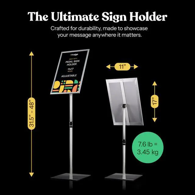 Alt view image 7 of 7 - 31.5 to 48 Inch Pedestal Sign Holder - Adjustable Floor Sign Stand for 11x17 Displays, Heavy Duty Outdoor Sign Holder with Square Base for Restaurants, Retail, Trade Shows, and Events (Silver)