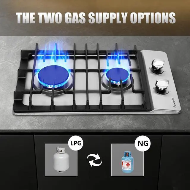 Alt view image 2 of 7 - 12 Inch Gas Cooktop, 2 Burners Built-in Stainless Steel Stove Top, Max 12000BTU Propane/Natural Gas Convertible Dual Fuel Cooktop for Apartments, Rvs, Outdoor