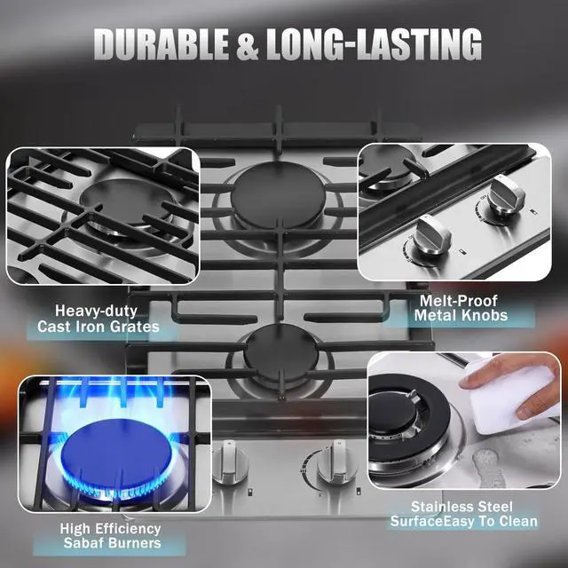 Alt view image 3 of 7 - 12 Inch Gas Cooktop, 2 Burners Built-in Stainless Steel Stove Top, Max 12000BTU Propane/Natural Gas Convertible Dual Fuel Cooktop for Apartments, Rvs, Outdoor
