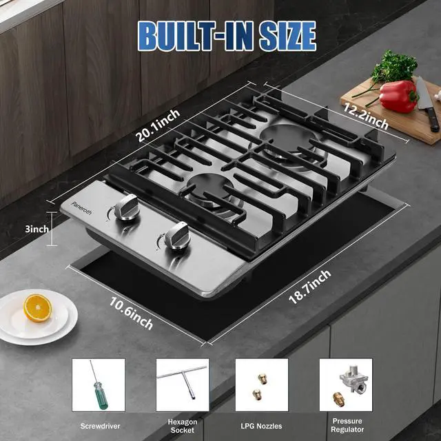 Alt view image 4 of 7 - 12 Inch Gas Cooktop, 2 Burners Built-in Stainless Steel Stove Top, Max 12000BTU Propane/Natural Gas Convertible Dual Fuel Cooktop for Apartments, Rvs, Outdoor