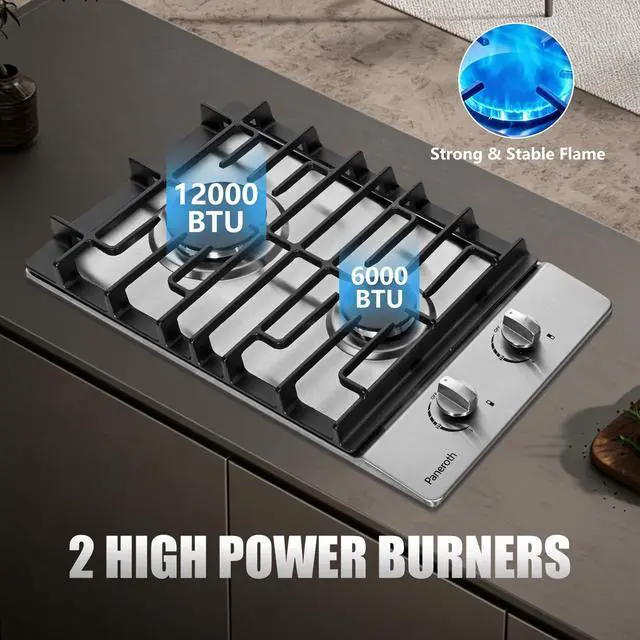 Alt view image 5 of 7 - 12 Inch Gas Cooktop, 2 Burners Built-in Stainless Steel Stove Top, Max 12000BTU Propane/Natural Gas Convertible Dual Fuel Cooktop for Apartments, Rvs, Outdoor