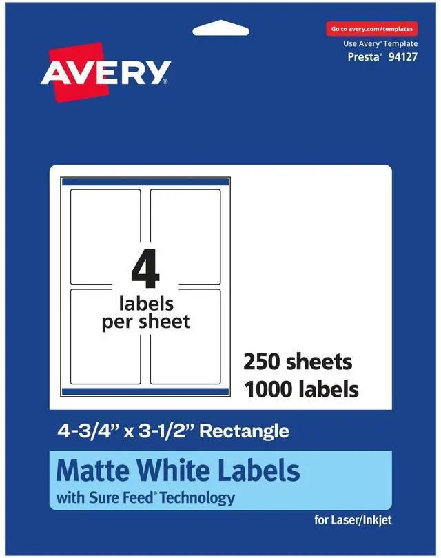 Main image of ® Matte White Rectangle Labels, Sure Feed® Technology, 4.75" x 3.5", 1000 Labels, Print-to-The-Edge, Laser/Inkjet Printable
