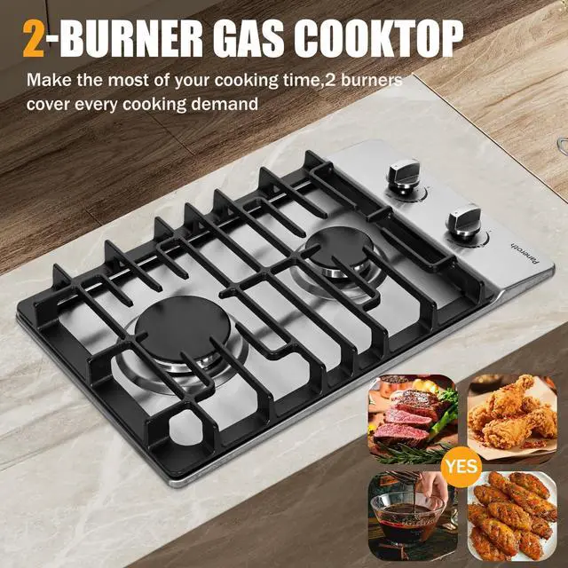 Alt view image 6 of 7 - 12 Inch Gas Cooktop, 2 Burners Built-in Stainless Steel Stove Top, Max 12000BTU Propane/Natural Gas Convertible Dual Fuel Cooktop for Apartments, Rvs, Outdoor