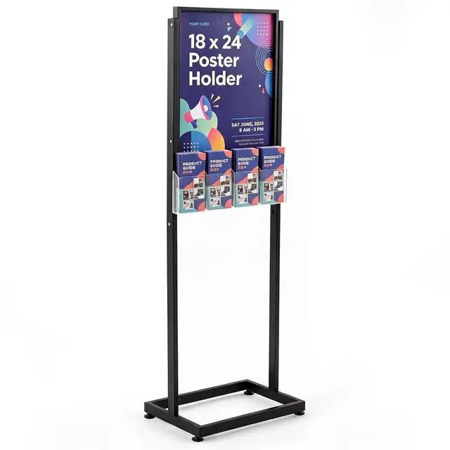 Main image of 18" x 24" Metal Poster Sign Holder Floor Stand with 4 Pocket Acrylic Brochure Holder 4x9 Floor Standing Double Side Slide in Heavy Duty 63" H Non Slip for Display Outdoor Indoor Store (Black)