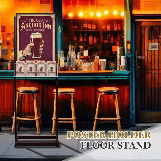 Alt view image 2 of 6 - 18" x 24" Metal Poster Sign Holder Floor Stand with 4 Pocket Acrylic Brochure Holder 4x9 Floor Standing Double Side Slide in Heavy Duty 63" H Non Slip for Display Outdoor Indoor Store (Black)