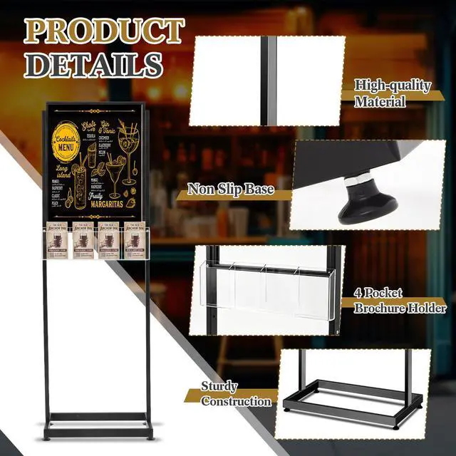 Alt view image 4 of 6 - 18" x 24" Metal Poster Sign Holder Floor Stand with 4 Pocket Acrylic Brochure Holder 4x9 Floor Standing Double Side Slide in Heavy Duty 63" H Non Slip for Display Outdoor Indoor Store (Black)