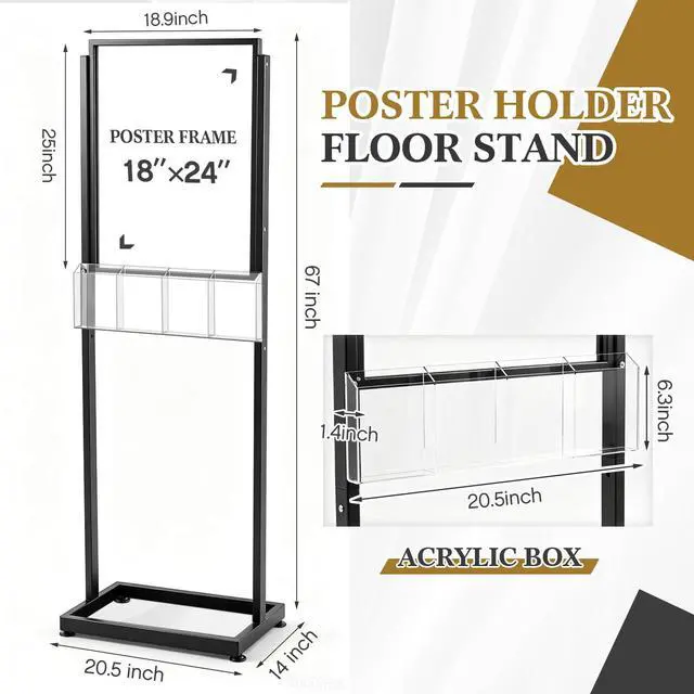 Alt view image 3 of 6 - 18" x 24" Metal Poster Sign Holder Floor Stand with 4 Pocket Acrylic Brochure Holder 4x9 Floor Standing Double Side Slide in Heavy Duty 63" H Non Slip for Display Outdoor Indoor Store (Black)
