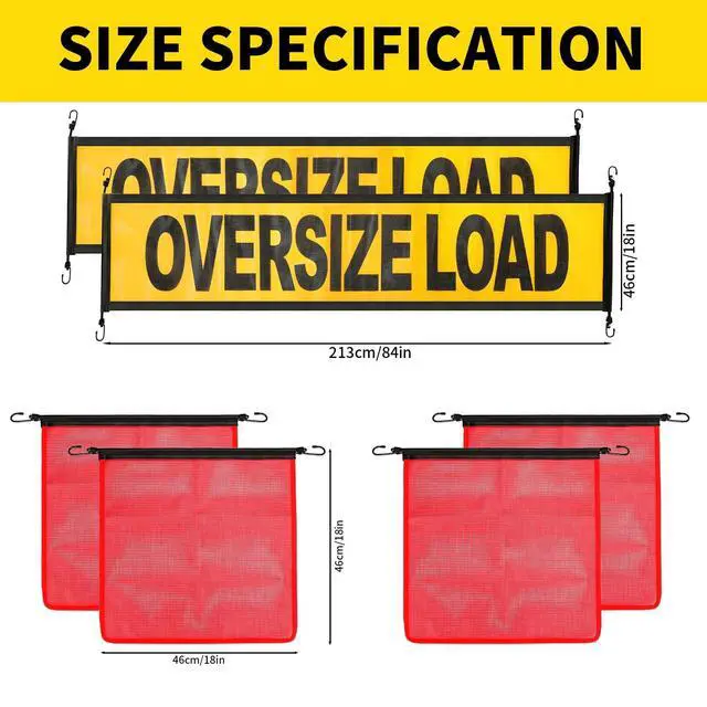 Alt view image 2 of 7 - Oversize Load Signs for Trucks 2 Pack Oversized Loaded Banner,4 Red Flag Warning with Bungee Hook Products with Metal Hooks and Stretch Cord for Guard Vehicles, Cars, Trucks,18" x 84"(Flag and Banner)