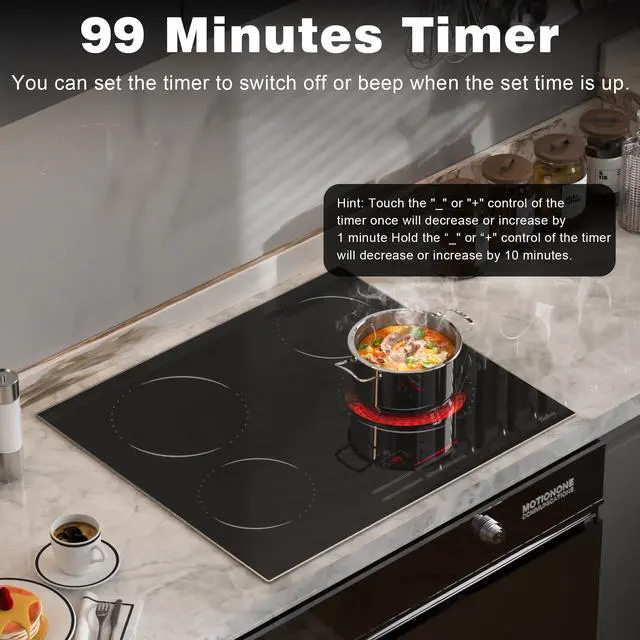 Alt view image 6 of 7 - Hobsir 24 Inch Electric Cooktop 4 Burner 6000W, 24" Radiant Electric Stove Top, Built-in Ceramic Stove Top with Sliding Control, Timer, Safety Lock, 9 Power Levels, 220V-240V Hard Wire (No Plug)