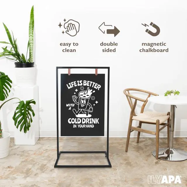 Alt view image 3 of 6 - Metal A Frame Sign, Chalkboard Sidewalk Sign - 24x42 in Outdoor | Double Sided Magnetic Chalkboard, Swinging Sandwich Board Signs, Includes Chalk & Eraser - For Businesses - Black