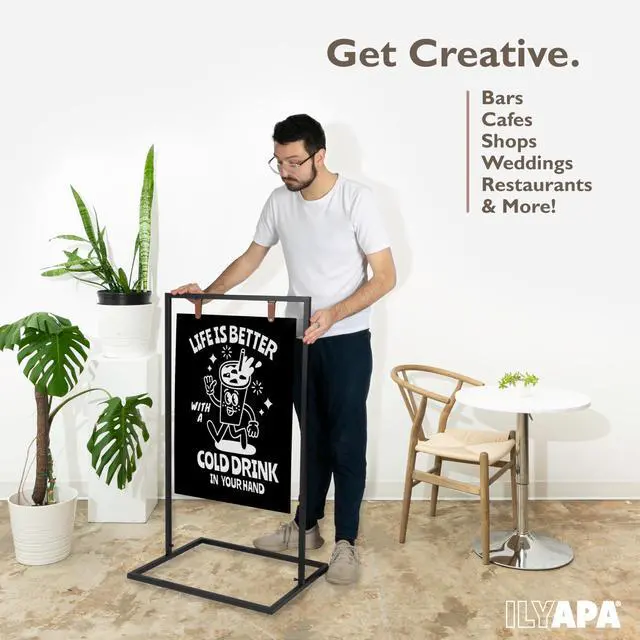 Alt view image 5 of 6 - Metal A Frame Sign, Chalkboard Sidewalk Sign - 24x42 in Outdoor | Double Sided Magnetic Chalkboard, Swinging Sandwich Board Signs, Includes Chalk & Eraser - For Businesses - Black