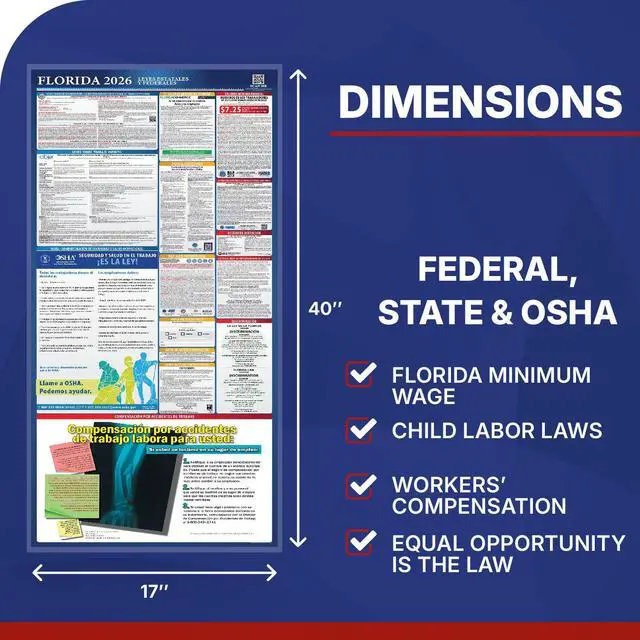 Alt view image 3 of 7 - 2026 Florida State & Federal Mandatory Labor Law Poster, OSHA Compliant (English Spanish Combo)