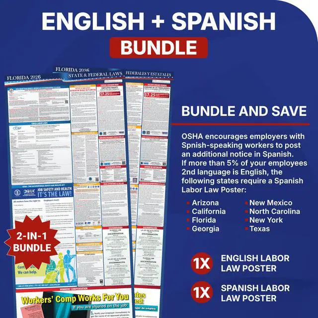 Alt view image 2 of 7 - 2026 Florida State & Federal Mandatory Labor Law Poster, OSHA Compliant (English Spanish Combo)