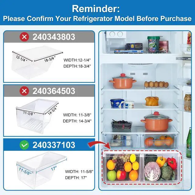 Alt view image 2 of 7 - 2 PACK Upgrade 240337103 Refrigerator Crisper Drawer Replacement | for Frigidaire Kenmore Refrigerator Drawer Replacement, Frigidaire Drawer Replacement for AP2115741, 240337100, 240337102