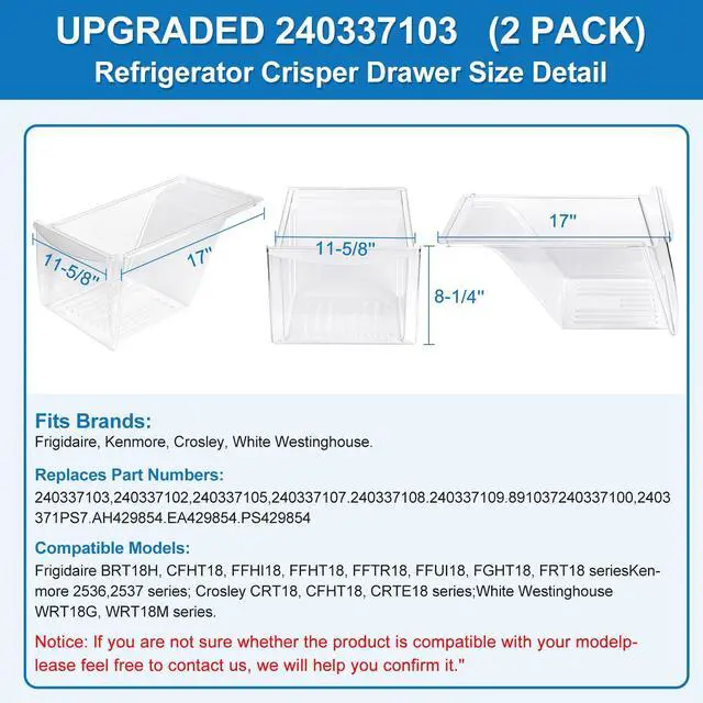 Alt view image 4 of 7 - 2 PACK Upgrade 240337103 Refrigerator Crisper Drawer Replacement | for Frigidaire Kenmore Refrigerator Drawer Replacement, Frigidaire Drawer Replacement for AP2115741, 240337100, 240337102