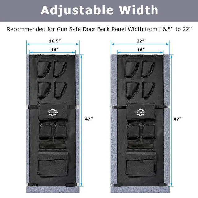 Alt view image 2 of 7 - Gun Safe Door Panel Organizer 16.5W*47H, Adjustable Width to 22 inch, Pistols and Documents Storage Solution