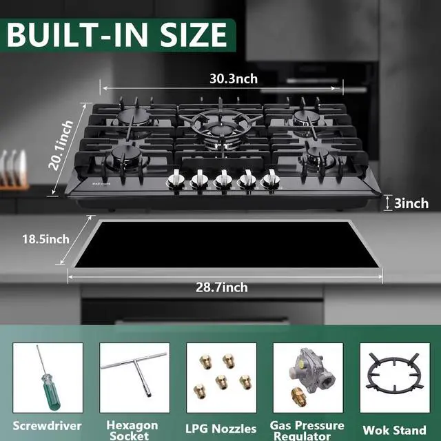 Alt view image 5 of 6 - 30 Inch Gas Cooktop, Built-in 5 Burners Stainless Steel Stovetop with Thermocouple Protection LPG/NG Convertible Stove Dual Fuel Cooktop DM527-SA02B
