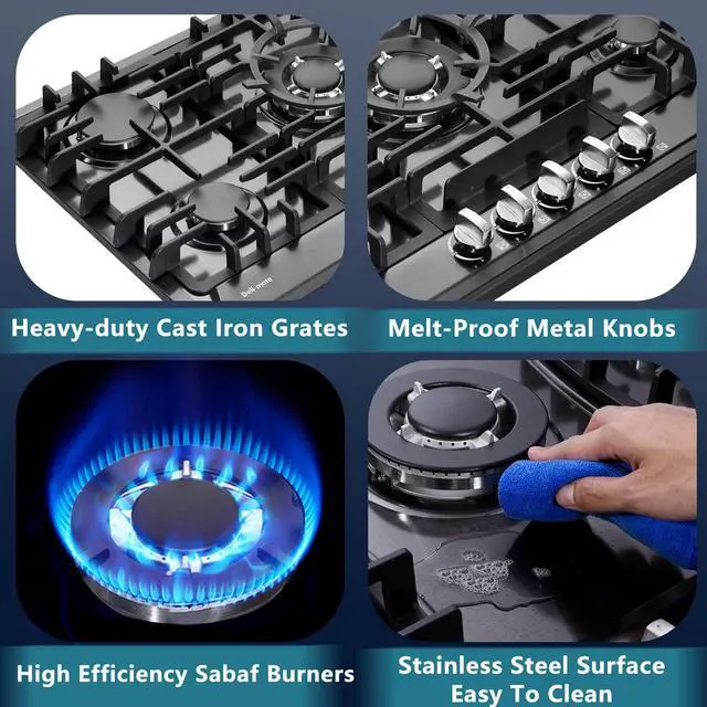 Alt view image 2 of 6 - 30 Inch Gas Cooktop, Built-in 5 Burners Stainless Steel Stovetop with Thermocouple Protection LPG/NG Convertible Stove Dual Fuel Cooktop DM527-SA02B