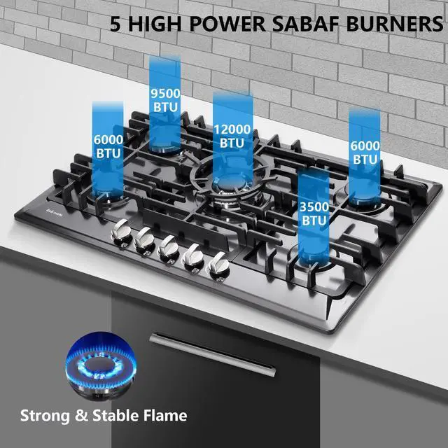 Alt view image 3 of 6 - 30 Inch Gas Cooktop, Built-in 5 Burners Stainless Steel Stovetop with Thermocouple Protection LPG/NG Convertible Stove Dual Fuel Cooktop DM527-SA02B